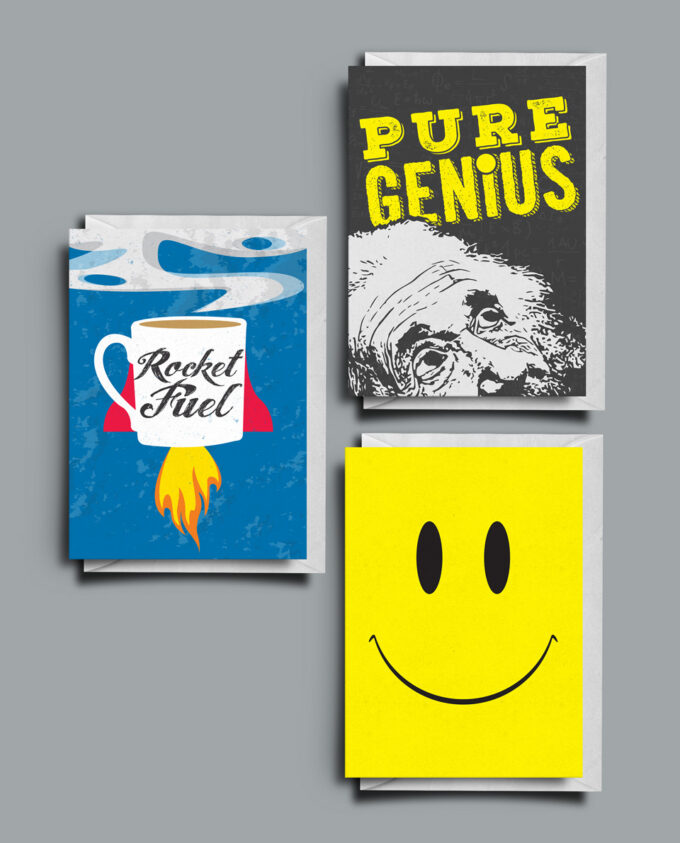 3 pack of A6 greetings card with envelopes including Pure Genius, Rocket Fuel and Smiley Face designs 3 pack of A6 greetings card with envelopes including Pure Genius, Rocket Fuel and Smiley Face designs